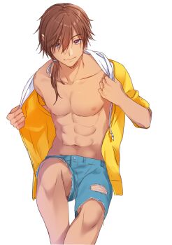  >:) 1boy abs brown_hair closed_mouth collarbone commentary cutoffs dark-skinned_male dark_skin denim denim_shorts feet_out_of_frame hair_between_eyes highres jacket knee_up long_hair looking_at_viewer low_ponytail male_focus mitani_ryouichi muscular muscular_male navel nipples open_clothes open_jacket ponytail purple_eyes satomi_yoshitaka shorts simple_background single_bare_shoulder smile solo summer_pockets tan undressing v-shaped_eyebrows white_background yellow_jacket 