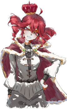  1girl absurdres belt bow bowtie cape commentary_request crown drill_hair fur-trimmed_cape fur_trim gold_choker hair_between_eyes hand_on_own_hip highres kasane_teto looking_at_viewer medium_hair mini_crown portrait ququxiaosi red_eyes shirt simple_background smile solo twin_drills utau white_background white_bow white_bowtie white_shirt 