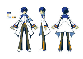  1boy belt blue_eyes blue_hair blue_scarf brown_pants coat color_guide full_body headset kaito_(vocaloid) kawasaki_takashi looking_at_viewer male_focus multiple_views official_art pants reference_sheet scarf shoes short_hair third-party_source vocaloid white_background white_coat white_shoes 
