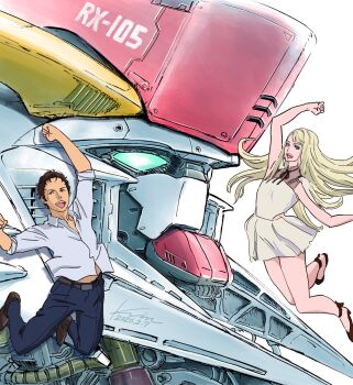  1boy 1girl blonde_hair blue_eyes brown_eyes brown_hair commentary_request dated dress gigi_andalusia green_eyes gundam gundam_g_no_reconguista gundam_hathaway's_flash hathaway_noa highres jumping kobakin long_hair looking_at_viewer mecha midair mobile_suit open_mouth pants robot scene_reference science_fiction shirt short_hair signature sleeveless sleeveless_dress smile v-fin white_shirt xi_gundam 