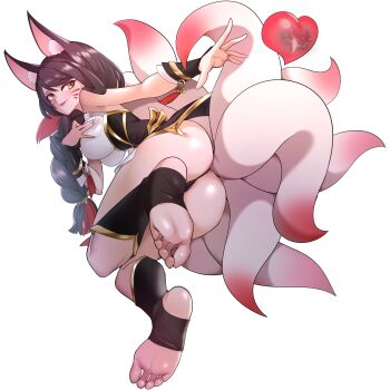  1girl :p absurdres ahri_(league_of_legends) animal_ears ass barefoot black_hair elflorri feet highres kitsune league_of_legends light_blush long_hair multiple_tails panties soles stirrup_legwear tail toeless_legwear toes tongue tongue_out transparent_background underwear yellow_eyes 