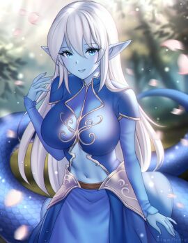  1girl artist_name blue_eyes blue_skin breasts cherry_blossoms colored_skin commission cowboy_shot gigamessy hand_up highres lamia large_breasts layered_sleeves light_blush light_particles long_hair long_sleeves looking_at_viewer monster_girl navel original parted_lips pointy_ears scales shirt signature smile solo stomach tight_clothes tight_shirt white_hair 