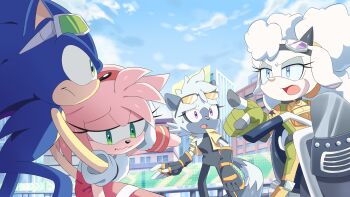  1boy 3girls amy_rose animal_nose anime_coloring black_bodysuit bodysuit furry furry_female furry_male goggles goggles_on_head green_bodysuit green_eyes hedgehog_boy hedgehog_girl highres lanolin_the_sheep motor_vehicle motorcycle multiple_girls outdoors pink_hair pointing purple_eyes ririkuma0530 sheep_girl sonic_(series) sonic_the_hedgehog sonic_the_hedgehog_(idw) tangle_the_lemur 