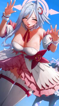  2girls absurdres blue_archive blue_background blue_sky blush breasts bustier cleavage closed_eyes commentary_request corset crescent crescent_hair_ornament grey_hair hair_between_eyes hair_ornament halo head_wings highres large_breasts long_hair magical_girl multiple_girls official_alternate_costume onbawa pink_corset pink_halo red_eyes single_head_wing sky suzumi_(blue_archive) suzumi_(magical)_(blue_archive) wings 