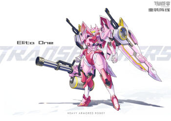  1girl armor autobot blue_eyes commentary elita_one gatling_gun helmet humanoid_robot mechanical_wings minigun pink_armor pink_helmet robot robot_girl science_fiction thighs transformers wings zhuyukun 