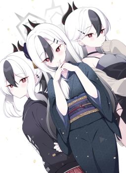  3girls black_choker black_dress black_hair black_hoodie black_kimono blue_archive blush brown_jacket choker closed_mouth collarbone commentary_request dress ear_piercing earrings gradient_hair grey_hair hair_ornament hairclip halo highres hood hood_down hoodie horns jacket japanese_clothes jewelry kayoko_(blue_archive) kayoko_(dress)_(blue_archive) kayoko_(new_year)_(blue_archive) kimono komi_zumiko long_hair long_sleeves mole mole_on_neck multicolored_hair multiple_girls multiple_persona obi open_clothes open_jacket piercing plaid_clothes plaid_skirt pleated_skirt ponytail puffy_long_sleeves puffy_sleeves red_eyes red_skirt sash short_sleeves sidelocks skirt sleeves_past_wrists smile textless_version twitter_username two-tone_hair very_long_hair white_hair wide_sleeves 