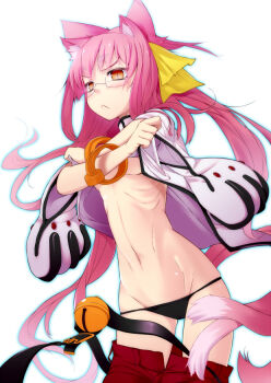  1girl :< animal_ears blazblue blush glasses kokonoe_(blazblue) midriff panties pants pince-nez pink_hair red_pants ribs underwear undressing yamane_akira 