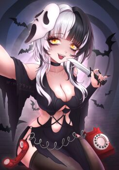  1girl absurdres akainthe alternate_costume antique_phone black_choker black_dress black_hair black_nails breasts choker cleavage corded_phone cosplay dress fingernails ghost_mask ghostface ghostface_(cosplay) grey_hair halloween halloween_costume highres holding holding_knife hololive hololive_english knife large_breasts long_fingernails long_hair looking_at_viewer mask multicolored_hair open_mouth phone ringer_box rotary_phone scream_(movie) shiori_novella sitting smile solo split-color_hair two-tone_hair very_long_fingernails virtual_youtuber watermark weapon yellow_eyes 