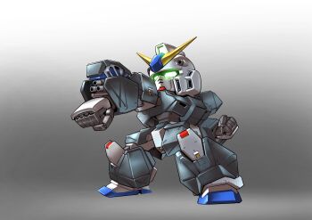  absurdres aiming arm_mounted_weapon chibi chinese_commentary clenched_hands commentary_request full_body glowing glowing_eyes gradient_background green_eyes gundam gundam_0080 gundam_alex highres making-of_available mecha mecha_focus mobile_suit no_humans outstretched_arms reactive_armor robot science_fiction sd_gundam solo standing v-fin zakuma 