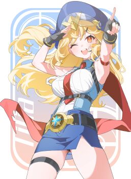  1girl abstract_background armpits arms_up belt belt_buckle black_belt black_gloves black_panties blonde_hair blue_hair blue_skirt breasts buckle character_request copyright_request cowboy_shot fingerless_gloves floating_hair gloves hair_ornament hairclip highres large_breasts legs_apart long_hair miniskirt necktie one_eye_closed open_mouth orange_eyes outstretched_arm panties panty_peek red_necktie shirt shirt_tucked_in sirin_(sirin_8_8) skirt sleeveless sleeveless_shirt smile solo standing thigh_strap underwear white_shirt 