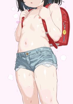  1girl absurdres backpack bag black_hair denim denim_shorts harioqi head_out_of_frame highres large_variant_set loli navel nipples original randoseru shorts simple_background solo variant_set 