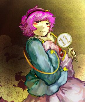  1girl :3 black_hairband blue_shirt blush_stickers closed_mouth commentary cowboy_shot from_side hairband half-closed_eyes hand_on_own_chin hand_up hashtag-only_commentary highres holding holding_sign komeiji_satori looking_at_viewer looking_to_the_side mmttbbii pink_hair purple_skirt shirt short_hair sign skirt smug solo subterranean_animism third_eye touhou yellow_background zun_(style) 