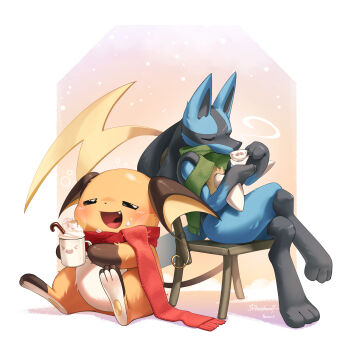  1other absurdres black_fur blue_fur blush chair closed_eyes cup drinking fang furry gen_1_pokemon gen_4_pokemon green_scarf highres hoishere7 holding holding_cup hot_chocolate lucario multicolored_fur nintendo on_chair open_mouth orange_fur pokemon pokemon_(creature) pokemon_focus raichu red_scarf scarf sitting smile spikes tail whipped_cream yellow_fur 