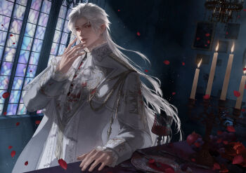  1boy absurdres ascot candle candlelight candlestand cape chandelier cowboy_shot falling_petals fire flower food fork frilled_sleeves frills fruit highres indoors lapels layered_ascot light_particles lips long_hair long_sleeves looking_at_viewer love_and_deepspace male_focus parted_bangs parted_lips petals picture_frame plate pomegranate red_eyes red_flower red_petals red_rose rose solo stained_glass standing sylus_(love_and_deepspace) very_long_hair white_ascot white_cape white_hair window yun_kawa 