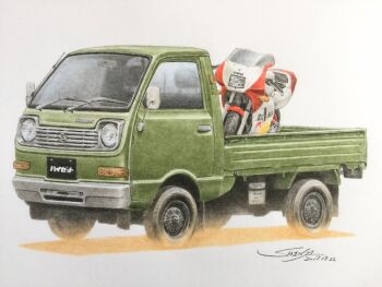 car colored_pencil_(medium) commentary_request daihatsu daihatsu_hijet dated green_car highres kei_truck motor_vehicle motorcycle no_humans original pickup_truck shadow shin_iroenpitsu signature simple_background traditional_media truck vehicle_focus white_background yamaha yamaha_ysr_50