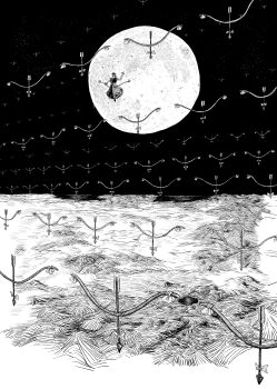  1girl absurdres arrow_(projectile) bow bow_(weapon) braid commentary_request dress floating frilled_dress frills full_body full_moon greyscale hair_bow hat highres holding holding_arrow holding_bow_(weapon) holding_weapon long_hair monochrome moon night nurse_cap outdoors puffy_short_sleeves puffy_sleeves shoes short_sleeves single_braid sky solo super-flat-world touhou two-tone_dress very_long_hair weapon yagokoro_eirin 