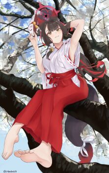  1girl absurdres alternate_costume animal_ear_fluff animal_ears armpit_focus armpits arms_up artist_name barefoot bell blue_archive commentary commentary_request english_commentary eyeshadow fox_ears fox_girl fox_mask hair_bell hair_ornament hakama hakama_skirt halo highres holding holding_mask japanese_clothes kimono looking_at_viewer makeup mask miichi miko mixed-language_commentary presenting_armpit red_eyeshadow red_hakama red_halo ribbon-trimmed_sleeves ribbon_trim sitting_on_branch skirt smile soles solo wakamo_(blue_archive) white_background white_kimono wide_sleeves yellow_eyes 