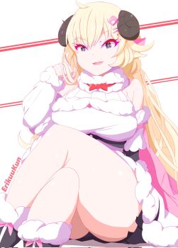  1girl animal_ears bare_legs black_skirt blonde_hair blue_eyes breasts crossed_legs dress erikuukun feet_out_of_frame fur-trimmed_dress fur_trim hair_ornament hairpin highres hololive horns large_breasts legs long_hair looking_at_viewer open_mouth sheep_ears sheep_girl sheep_horns skirt smile solo thick_thighs thighs tsunomaki_watame tsunomaki_watame_(1st_costume) very_long_hair virtual_youtuber white_dress 