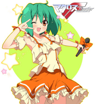 00s \m/ fang kantoku macross macross_frontier microphone ranka_lee seikan_hikou solo rating:Sensitive score:2 user:danbooru