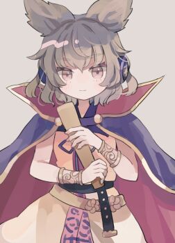  1girl belt black_belt brown_background brown_dress brown_eyes brown_hair cape closed_mouth commentary cowboy_shot dress earmuffs hiyuu_(hiyualice) holding_baton looking_at_viewer pointy_hair purple_cape red_cape ritual_baton smile solo touhou toyosatomimi_no_miko two-sided_cape two-sided_fabric 