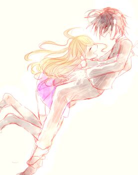  1boy 1girl ^_^ ahoge akamatsu_kaede black_hair black_jacket black_pants black_shoes black_socks blonde_hair buttons closed_eyes collared_jacket commentary_request couple danganronpa_(series) danganronpa_v3:_killing_harmony dress_shoes eyelashes floating_hair fortissimo from_side gakuran gomabu_(rirurutennsi) grey_shirt hair_ornament hairclip happy hetero high_collar hug jacket layered_sleeves leaning_forward light_blush long_hair long_sleeves miniskirt musical_note musical_note_hair_ornament no_shoes open_mouth over-kneehighs pants pink_vest pinstripe_jacket pinstripe_pants pinstripe_pattern pleated_skirt pointy_nose purple_skirt saihara_shuichi school_uniform shirt shoes short_hair sidelocks simple_background skirt smile socks thighhighs vest white_background 