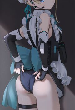  1girl adjusting_clothes adjusting_leotard ai-assisted apron ass black_gloves blonde_hair blue_archive blue_eyes blue_leotard breasts closed_mouth commentary_request cowgirl_position elbow_gloves fingerless_gloves from_behind gloves head_out_of_frame highres leotard poki_(j0ch3fvj6nd) short_hair small_breasts solo straddling thigh_strap toki_(blue_archive) 