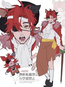  1boy animal_ears ascot bird black_shoes cane cape center_frills commentary english_commentary eyepatch five_nights_at_freddy's fox_ears foxy_(fnaf) frills golden_tooth hat highres holding holding_cane hook_hand humanization multiple_views null_(lllllljllllljll) parrot pirate_hat red_cape red_hair sharp_teeth shirt shoes short_hair socks teeth white_ascot white_shirt white_socks yellow_eyes 