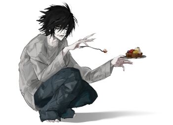  1boy absurdres bags_under_eyes barefoot black_hair blackvelox blue_pants death_note denim fingernails food food_on_face full_body hair_between_eyes highres holding holding_food jeans l_(death_note) long_fingernails long_sleeves male_focus pants pie shirt short_hair solo squatting white_background white_shirt 