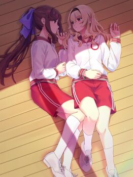  2girls absurdres alternate_hairstyle black_hairband blonde_hair bow brown_hair closed_mouth eye_contact foot_out_of_frame gym_shorts gym_uniform hair_between_eyes hair_bow hairband hand_on_own_stomach hand_up hashtag-only_commentary highres indoors jacket knee_up kneehighs long_hair long_sleeves looking_at_another looking_to_the_side lying multiple_girls on_back on_floor on_side pink_eyes ponytail profile purple_bow purple_eyes raven_(rnzraven) red_shorts saijou_claudine shade shoes shorts shoujo_kageki_revue_starlight sidelocks socks striped_clothes striped_shorts tendou_maya track_jacket very_long_hair wavy_hair white_jacket white_shoes white_socks wooden_floor yuri zipper_pull_tab 