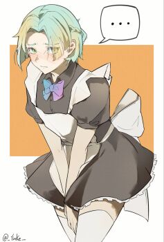  ... 1other apron aqua_eyes aqua_hair arms_between_legs blonde_hair blush bow bowtie braid embarrassed gnosia gradient_hair highres looking_at_viewer maid maid_apron multicolored_hair nose_blush solo speech_bubble spoken_ellipsis thighhighs twitter_username two-tone_hair white_thighhighs yinke yuri_(gnosia) zettai_ryouiki 
