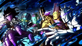  6+others absurdres black_hair blue_eyes blue_skin colored_skin commentary diver_down_(stand) english_commentary fingerless_gloves fingernails foo_fighters_(stand) gloves glowing glowing_eyes green-framed_eyewear green-tinted_eyewear green_eyes green_skin highres jojo_no_kimyou_na_bouken kiss_(stand) multiple_others noonvincent open_mouth parted_lips purple_eyes purple_skin spikes stand_(jojo) star_platinum sticker stone_free stone_ocean teeth tinted_eyewear weather_report_(stand) white_skin yellow_skin 