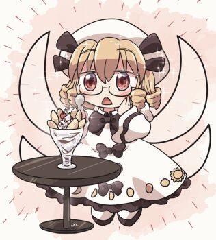  1girl black-framed_eyewear black_bow blonde_hair blush bow chestnut_mouth collared_dress commentary_request dress drill_hair fairy_wings food food_awe frilled_dress frills full_body glasses hand_on_own_cheek hand_on_own_face hat holding holding_spoon long_sleeves luna_child open_mouth parfait red_eyes rokugou_daisuke semi-rimless_eyewear short_hair signature solo sparkle spoon standing table touhou white_dress white_footwear white_hat wings 