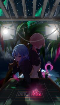  2girls black_shirt blue_eyes blue_hair can closed_eyes commentary double-parted_bangs drink_can edge_ill flamingo_innertube hair_between_eyes highres holding holding_weapon hololive hoshimachi_suisei innertube kaf_(kamitsubaki_studio) kamitsubaki_studio looking_at_viewer medium_hair multiple_girls night open_mouth palm_tree pink_hair poker_chip shirt swim_ring table tree virtual_youtuber weapon 