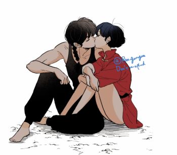  bare_arms bare_shoulders barefoot black_hair black_pants black_tank_top braid chinese_clothes closed_eyes couple crossed_arms dress full_body hetero highres kiss pants ranma_1/2 red_dress saotome_ranma short_hair short_hair_with_long_locks single_braid sitting sleeves_rolled_up tank_top tendou_akane thighs tori_(runrunpiia) twitter_username white_background 