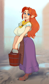  1girl ascot batterbee blue_eyes boots breasts brown_boots bucket commentary covered_erect_nipples full_body high-waist_skirt highres holding holding_bucket huge_breasts long_hair long_skirt looking_at_viewer malon milk nintendo open_mouth orange_hair pointy_ears purple_skirt skirt smile solo standing teeth the_legend_of_zelda the_legend_of_zelda:_ocarina_of_time upper_teeth_only variant_set wooden_bucket yellow_ascot  rating:General score:13 user:danbooru