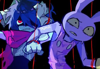  1boy 1other 7szndc animal_ears blue_hair blue_skin cape colored_skin commentary deltarune furry furry_male hands_on_own_head hashtag-only_commentary jax_(the_amazing_digital_circus) kris_(dark_world)_(deltarune) kris_(deltarune) overalls pink_cape puppet_strings rabbit_boy rabbit_ears red_eyes signature the_amazing_digital_circus utdr_(toby_fox) 