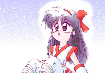  1girl ainu_clothes arm_support breasts hair_ribbon legs long_hair looking_up nakoruru open_mouth pants pc-98_(style) pc98 purple_eyes purple_hair ribbon samurai_spirits sitting small_breasts snk the_king_of_fighters thighs tongue 