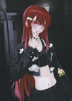  1girl aegyo_sal alley black_jacket black_skirt black_sports_bra ear_piercing face_piercing fov_ps hair_between_eyes hair_ornament hairclip jacket jagged_sclera jewelry lamppost lip_piercing long_hair looking_to_the_side midriff mole mole_under_mouth nail_polish navel original patch piercing red_eyes red_hair ring skirt solo sports_bra straight_hair sunglasses very_long_hair 