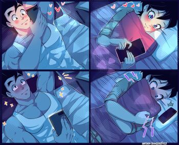  1boy 1girl armpits bed black_eyes black_hair blue_eyes blush cellphone couple couple_texting_in_bed_(meme) dragon_ball dragonball_z happy highres muscular muscular_male pectoral_cleavage pectorals phone pillow resting rozenphox smile son_gohan tagme tank_top text_messaging videl 