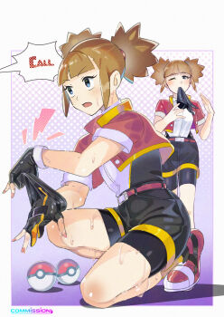  1girl absurdres adjusting_clothes adjusting_gloves belt belt_buckle bike_shorts black_gloves blue_eyes blunt_bangs brown_hair buckle commentary_request commission cropped_jacket doushi_tatsu_to_dekkai_no fingerless_gloves gloves highres jacket kate_(pokemon) multiple_views nintendo on_one_knee open_clothes open_jacket open_mouth pixiv_commission poke_ball poke_ball_(basic) pokemon pokemon_ranger:_shadows_of_almia pokemon_ranger_(series) red_jacket shoes speech_bubble sweat 