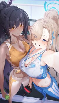  2girls absurdres alternate_costume asuna_(blue_archive) black_hair blue_archive blue_eyes blue_halo blue_pants blue_ribbon blush breasts brown_hair cleavage closed_mouth dark-skinned_female dark_skin dumbbell eyes_visible_through_hair grin hair_over_one_eye hair_ribbon halo high_ponytail highres holding holding_dumbbell huge_breasts id_card indoors karin_(blue_archive) long_hair looking_at_viewer midriff multiple_girls navel pants ponytail reaching reaching_towards_viewer ribbon selfie smile sports_bra sweat sweat_stain two-tone_pants two-tone_sports_bra vegetablenabe very_long_hair whistle whistle_around_neck white_pants white_sports_bra yellow_eyes yellow_sports_bra yoga_pants 