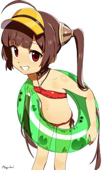  1girl bikini brown_hair female_focus flat_chest grin hat highres innertube jiryu50610218 loli looking_at_viewer orange_hat ping_hai_(azur_lane) smile solo swim_ring swimsuit  rating:Questionable score:48 user:02121804