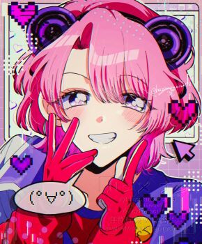  arimura_mao badge blush button_badge commentary_request cursor emoticon gakuen_idolmaster gloves hazimenatu heart idolmaster jacket kaomoji pink_hair pixel_art purple_eyes purple_jacket red_gloves short_hair simple_background smile solo solo_focus teeth 