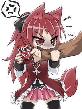  10s 1girl angry animal_ears biting cat_ears cat_tail food greenteaneko mahou_shoujo_madoka_magica pocky red_eyes red_hair sakura_kyoko skirt tail  rating:Sensitive score:27 user:Mr_KaraRocks