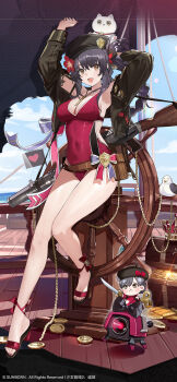  1girl black_hair blue_sky brown_hair cloud commentary_request dinergate_(girls'_frontline) doll girls'_frontline girls'_frontline_2:_exilium gold hair_ribbon hat highres jacket lewis_(girls'_frontline) lewis_(girls'_frontline_2) lewis_(sunscreen_battle)_(girls'_frontline) mast off_shoulder official_art official_wallpaper one-piece_swimsuit ribbon second-party_source ship sky solo steering_wheel swimsuit treasure_chest watercraft 