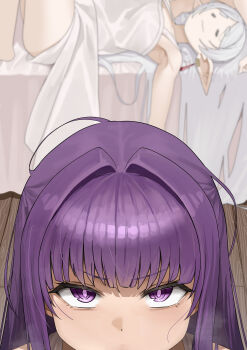  2girls absurdres armpits blurry closed_eyes closed_mouth collarbone commentary_request depth_of_field dress earrings fern_(sousou_no_frieren) flat_chest frieren grey_hair hair_intakes highres implied_fellatio indoors jewelry long_hair looking_at_viewer lying multiple_girls mutsuru_(omotta_yori) on_back on_bed pointy_ears pov purple_eyes purple_hair short_eyebrows sleeping sousou_no_frieren thick_eyebrows very_long_hair white_dress wooden_floor 