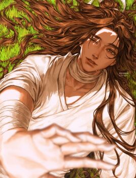  1boy artist_name bandaged_arm bandaged_neck bandages brown_eyes brown_hair chinese_clothes commentary commission highres hot jyuangy lips long_hair lying male_focus nose on_back on_grass one_eye_closed palms parted_lips solo sweat teeth tianguan_cifu vgen_commission xie_lian 