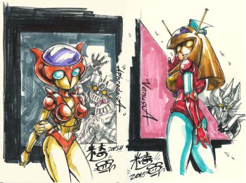  2015 2girls 3boys aphrodai_a arm_up armor arms_behind_back blue_eyes blunt_bangs blunt_ends boss_borot breasts brown_hair character_name commentary_request from_behind glass_cockpit great_mazinger great_mazinger_(robot) grin hand_on_own_arm hand_to_own_mouth hand_up heart heart-shaped_eyes long_hair looking_at_viewer looking_back mazinger_(series) mazinger_z mazinger_z_(mecha) mecha metal_hair mickey_tse multiple_boys multiple_girls own_hands_together parted_lips radio_antenna red_armor robot robot_boy robot_girl smile super_robot venus_a waving yellow_armor yellow_eyes 