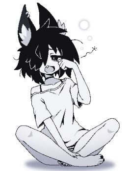  1girl animal_ear_fluff animal_ears asymmetrical_bangs bat_ears bat_girl black_bra black_choker black_hair black_nails black_panties bra casual choker commentary dithering ear_piercing english_commentary fang greyscale hair_over_one_eye half-closed_eyes highres indian_style medium_hair monochrome monster_girl open_mouth original oversized_clothes oversized_shirt panties piercing pixel_art raised_inner_eyebrows rubbing_eyes shirt sitting sleepy spiked_hair squeans striped_clothes striped_panties underwear wannabepyx white_panties white_shirt yawning yuuko_(wannabepyx) 