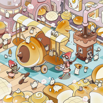  1girl absurdres aircraft airplane bacon baking biplane blue_hair bread bread_slice cat chef_hat chocolate chocolate_cornet commentary_request creature deformed faucet fire food fried_egg fried_egg_on_toast from_above goggles goggles_on_head hat highres hood hoodie industrial_pipe melon_bread original oven oversized_food oversized_object pastry rug sausage shorts toast tray tti_design walking wooden_floor |_| 